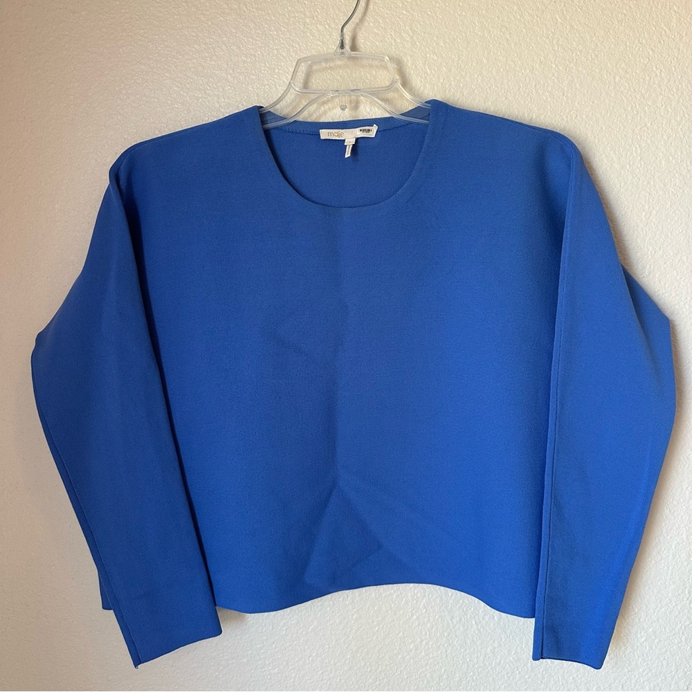 Maje Cropped Long Sleeve Periwinkle Crewneck Structural Knit Cropped Sweater 1 S